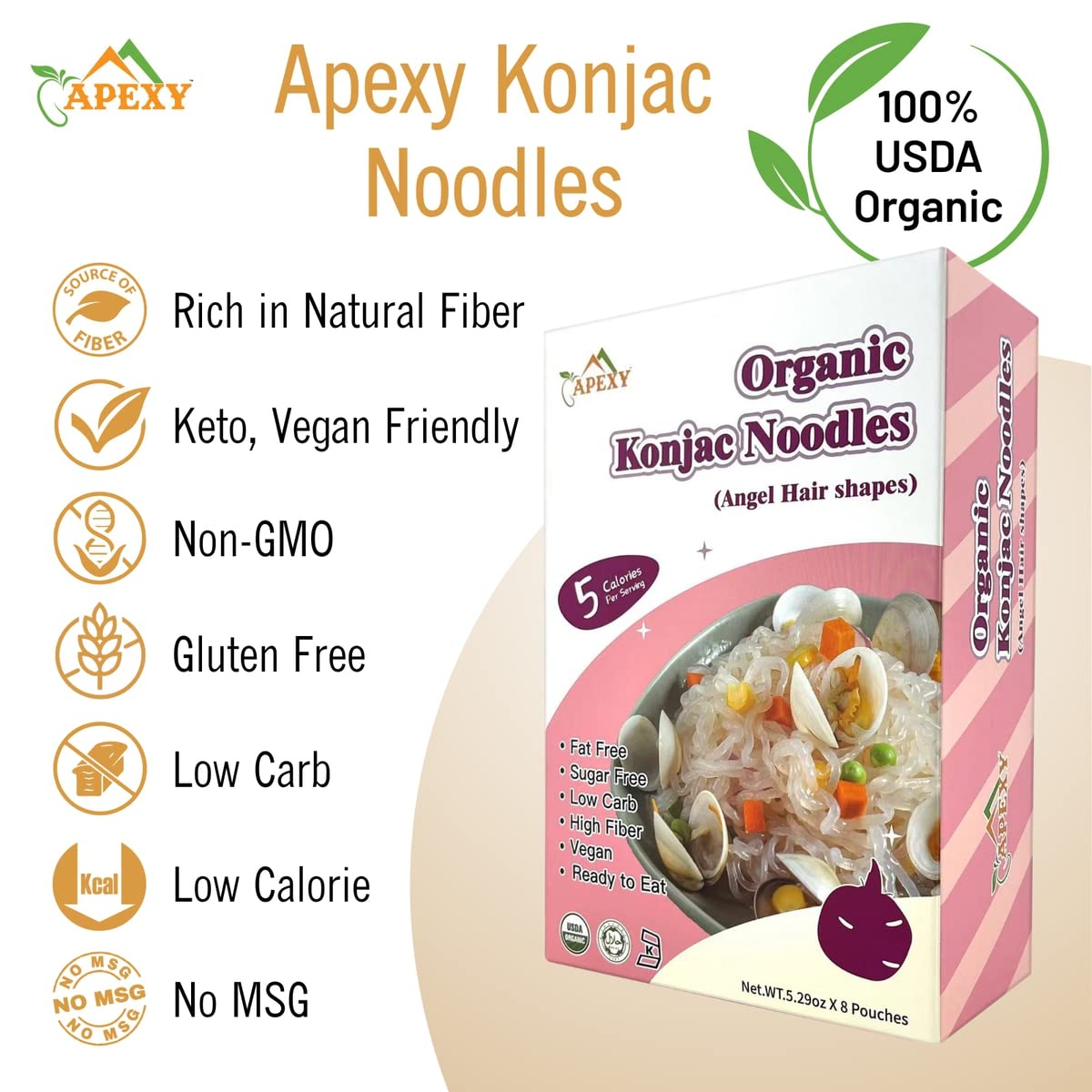 Apexy Organic Shirataki Konjac Noodle Angel Hair Pasta 8 Pouches Total 53.6Oz. Healthy Diet, Low Calorie, Low-Carb Gluten Free, Vegan, Keto And Paleo-Friendly.