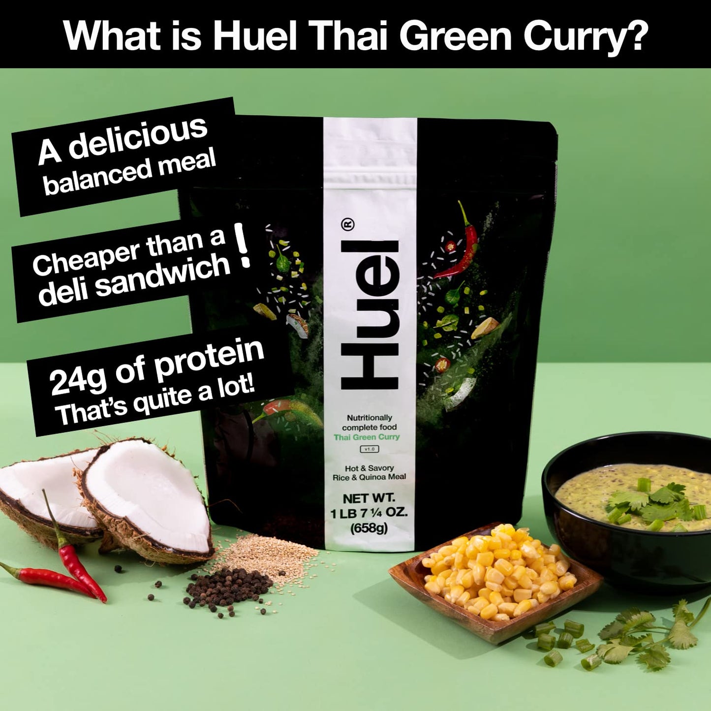Huel Hot and Savory Instant Meal Replacement, Thai Green Curry, 14 Scoops, 20g Protein, 10g Fiber, 27 Vitamins and Minerals