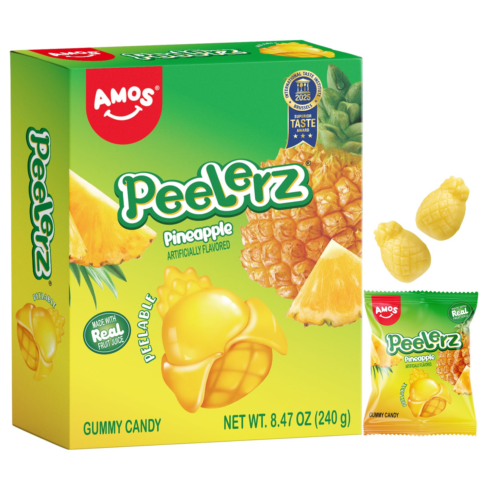 Amos Peelerz Pineapple Gummy Candy  Peelable Fruit-Shaped Candy  8.47Oz Box With 10 Individual Packs - Fun Peeling Gummy Snack Made With Real Juice