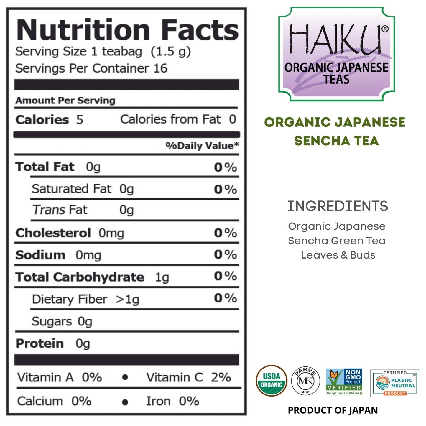 Haiku Organic Sencha Green Tea, Non-Gmo, Kosher, Usda Organic, 1 Box (16 Teabags)
