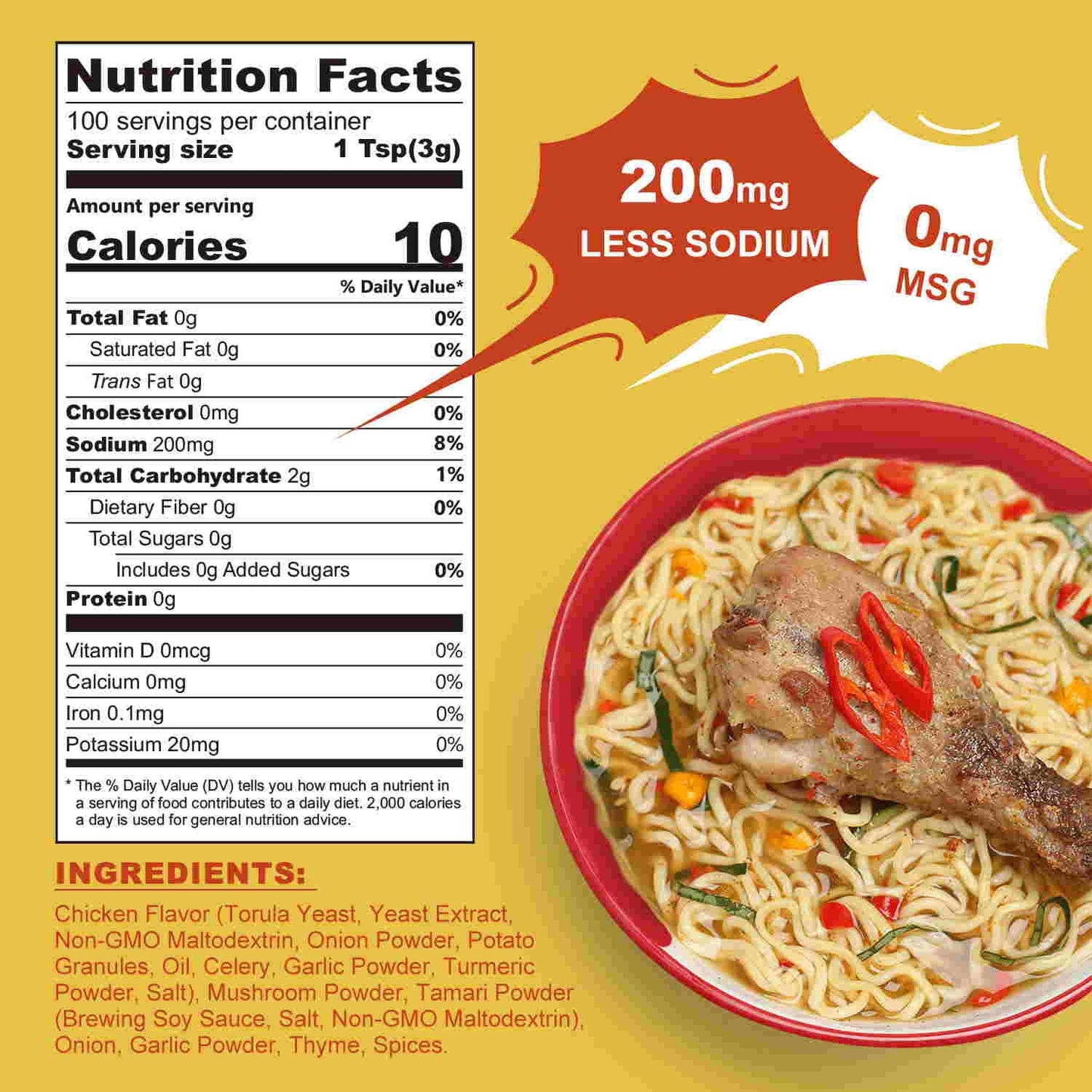 Talcufon Ramen Seasoning 10.58 Oz Traditional Chicken Ramen Seasoning Reduced Salt Gluten-Free Vegan Mild Premium Instant Noodle