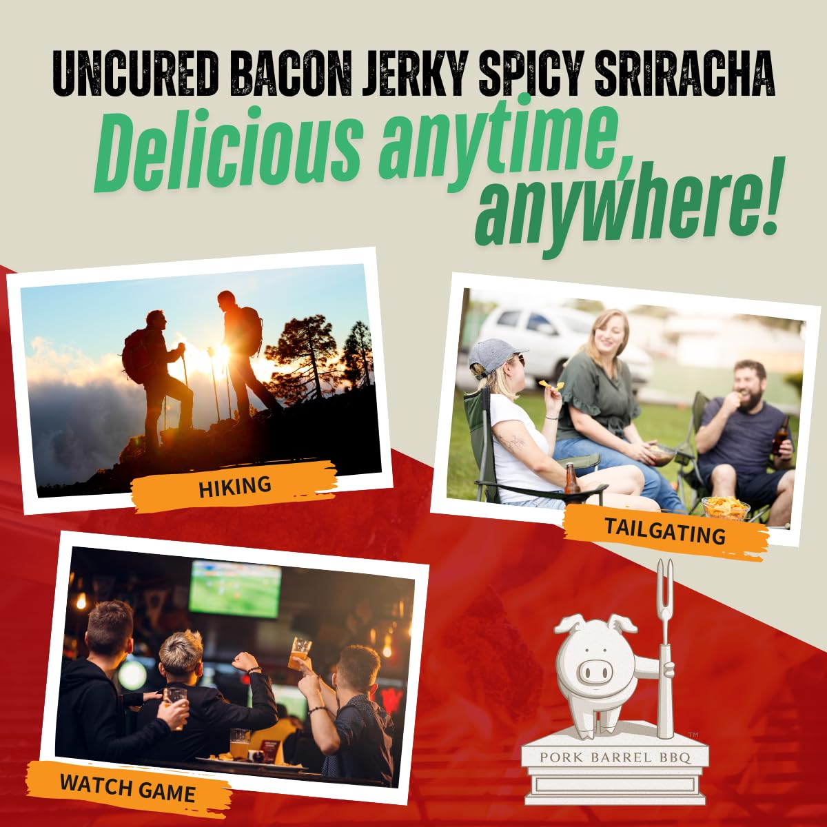 Pork Barrel BBQ Spicy Sriracha Bacon Jerky, Nitrate & Nitrite Free, Gluten Free, 2 oz, Uncured Snack