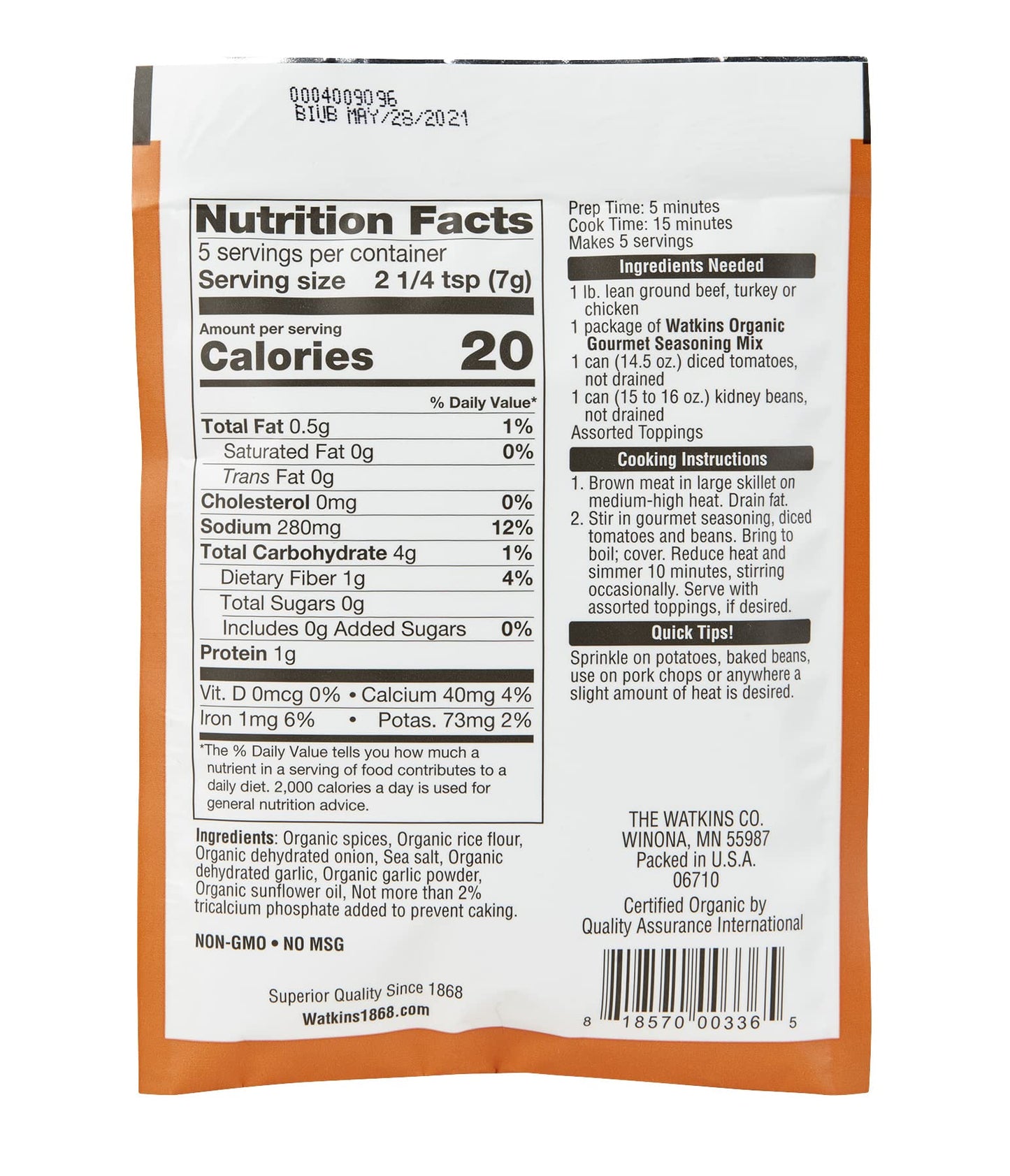 Watkins Organic Chili Gourmet Seasoning Mix, 1.25 Oz. Packets (Pack Of 12)