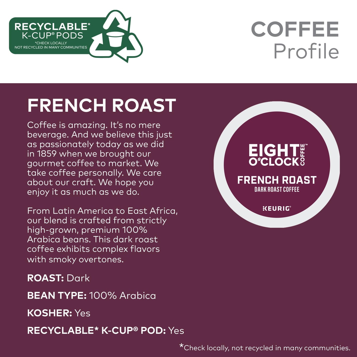 Eight OClock Coffee French Roast  Single-Serve Coffee K-Cup Pods  Dark Roast  60 Count