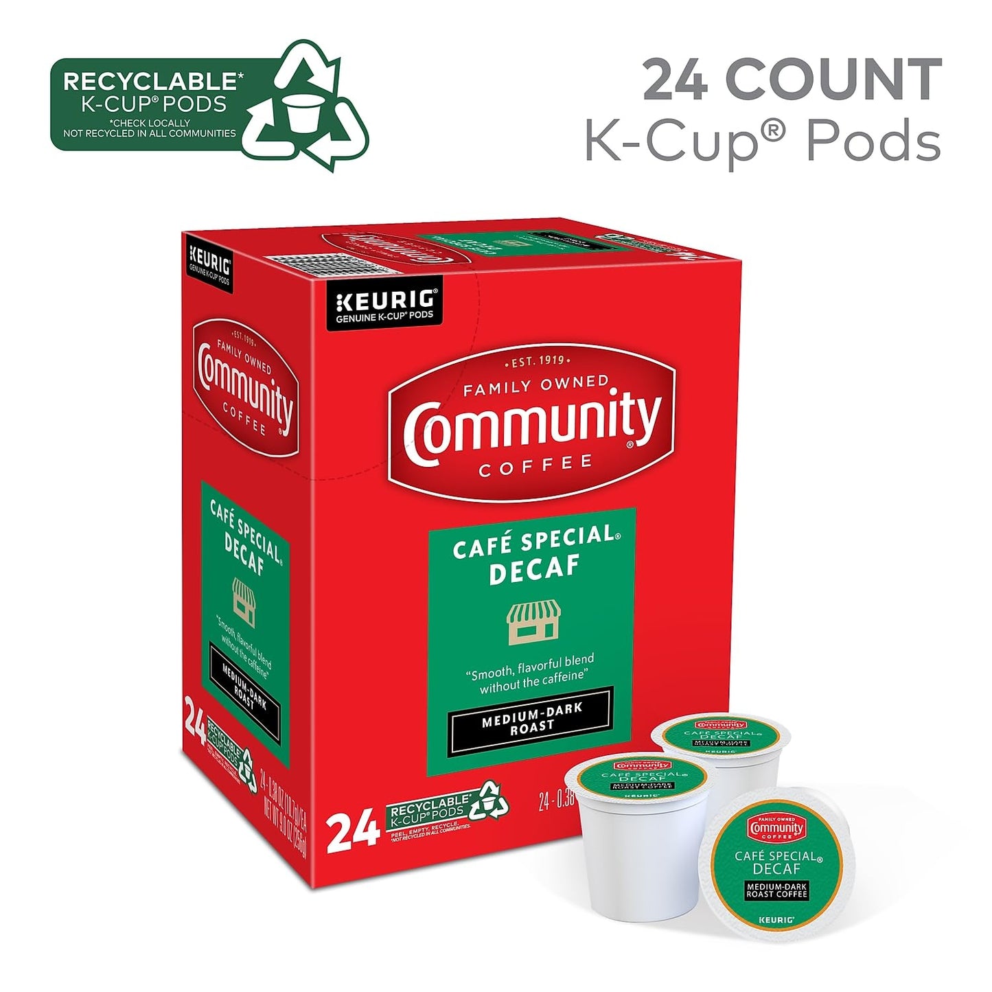 Community Coffee Café Special Decaf Medium-Dark Roast Coffee Pods, Compatible with Keurig 2.0, 24 Count