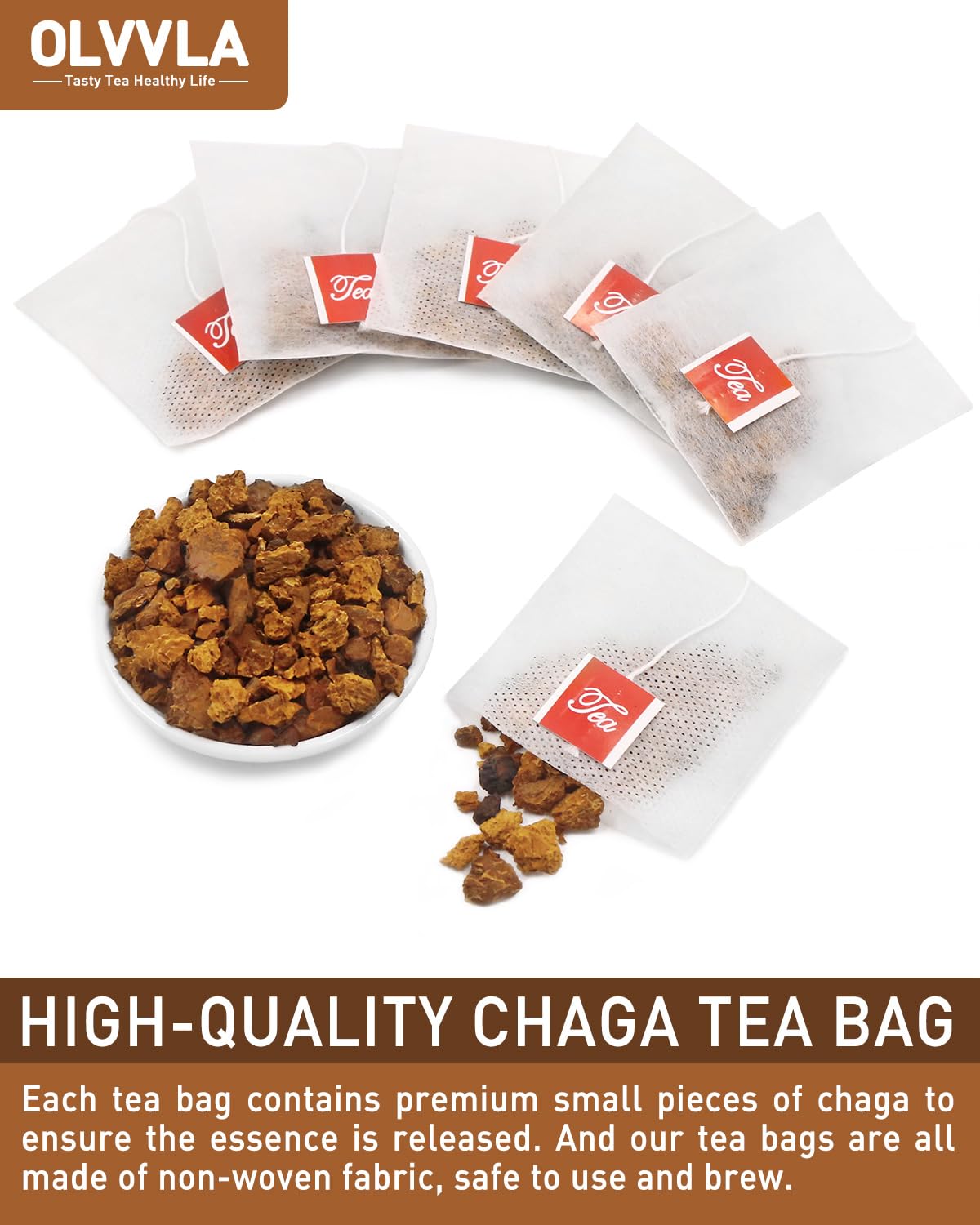 Olvvla Chaga Tea Bags - 100% Wild Natural Herbal Tea - Caffeine Free - 50 Count