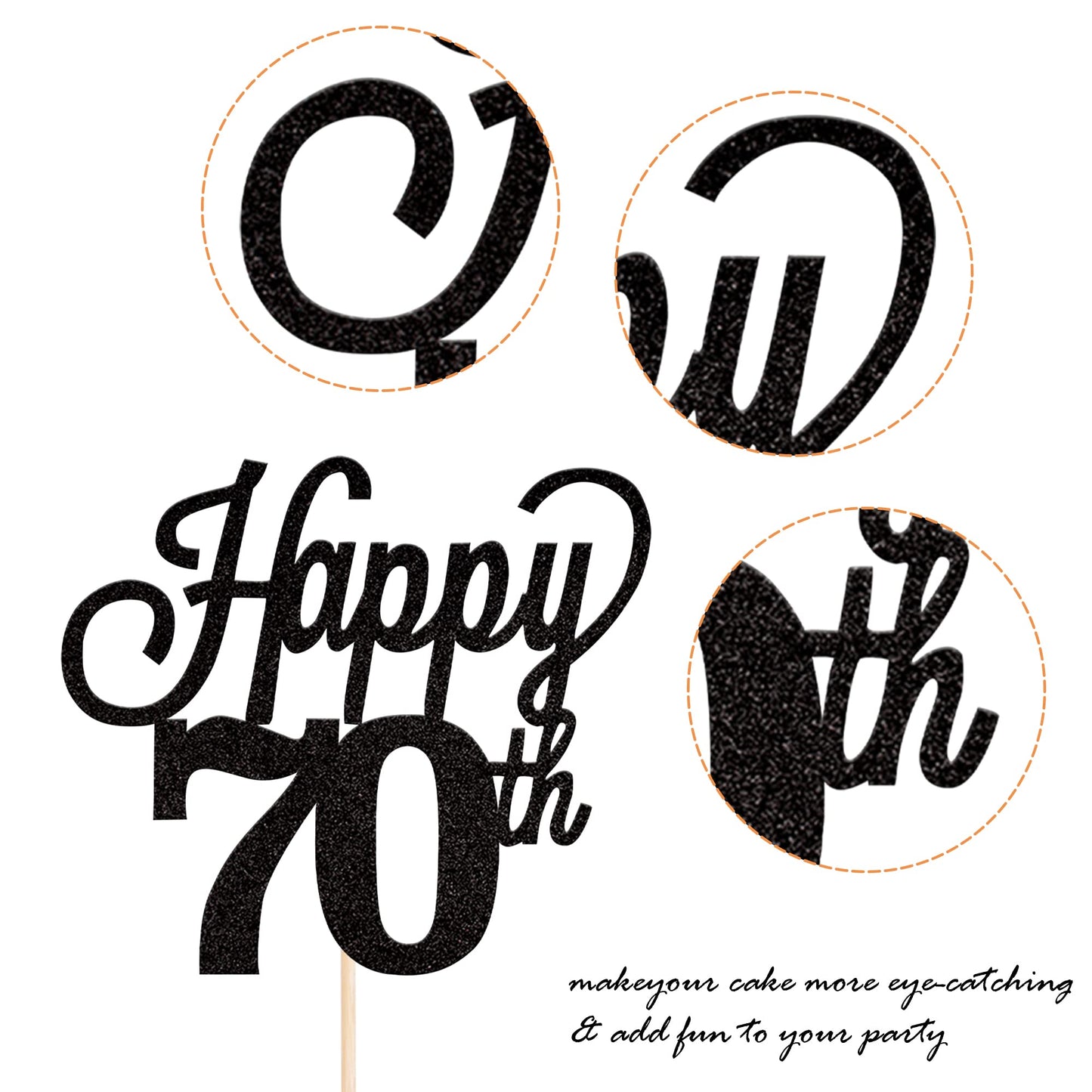 YCTHUNFISH 70th Birthday Cake Topper Black Glitter Bamboo Decorations for 70 Years Old Party Supplies