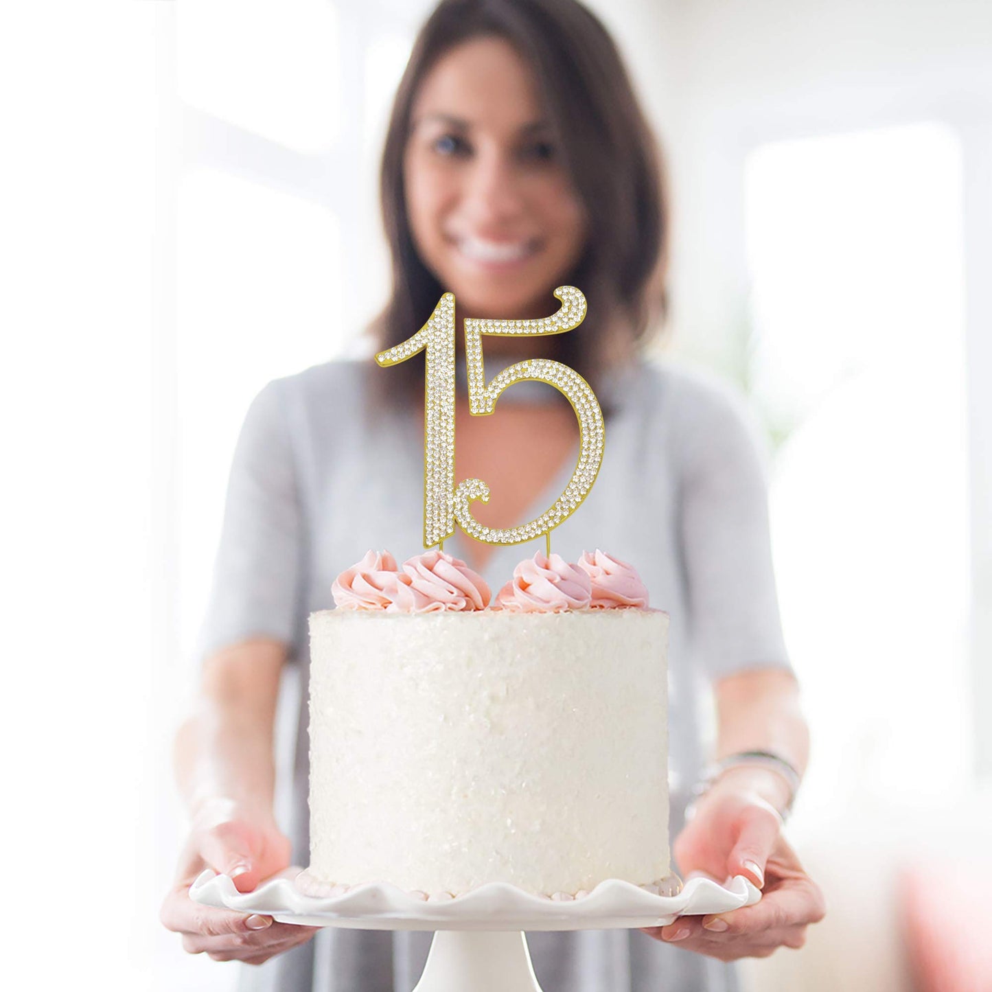 Crystal Creations 15 Cake Topper - Premium Gold Metal with Rhinestones - 1 Count - Perfect for 15th Birthday or Anniversary Party