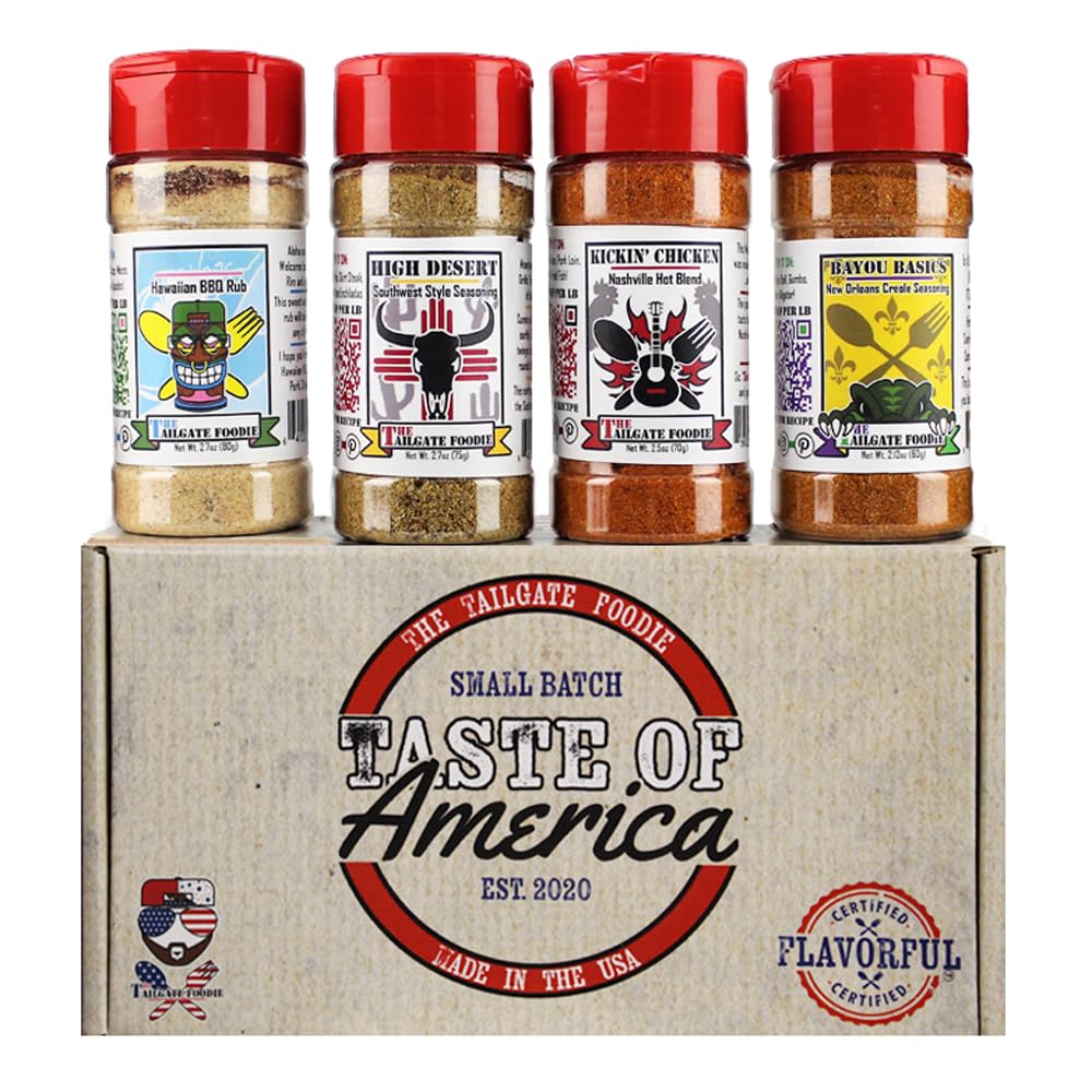 The Tailgate Foodie Taste Of America Grilling Pack Gourmet Seasonings | Hawaiian Bbq, Nashville Hot, Creole Style, And Southwest Seasoning | 4 Regional American Blends & Seasonings *Great Christmas Gift*