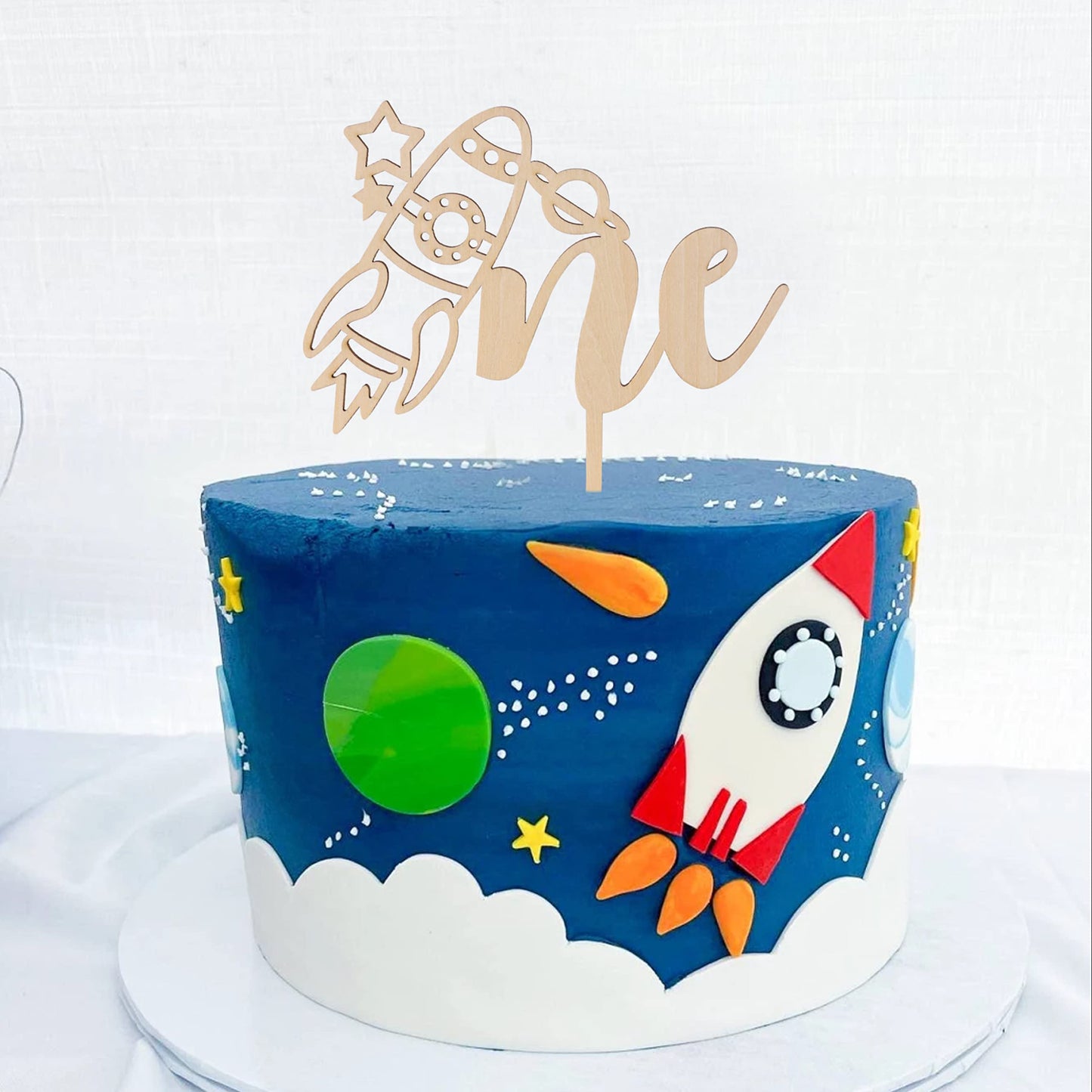 Wood Outer Space One Cake Topper - First Trip Around The Sun Cake Topper, Space Cake Topper 1St Birthday, Wood Rocket One Cake T