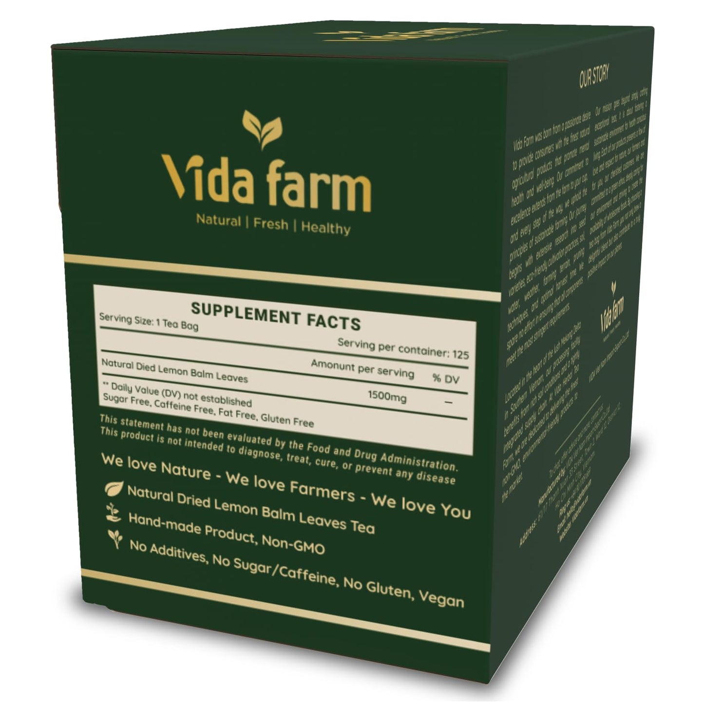 VIDA FARM Lemon Balm Herbal Tea Bags, Caffeine Free, 125 Count, 100% Natural Dried Leaves, Citrus Flavor