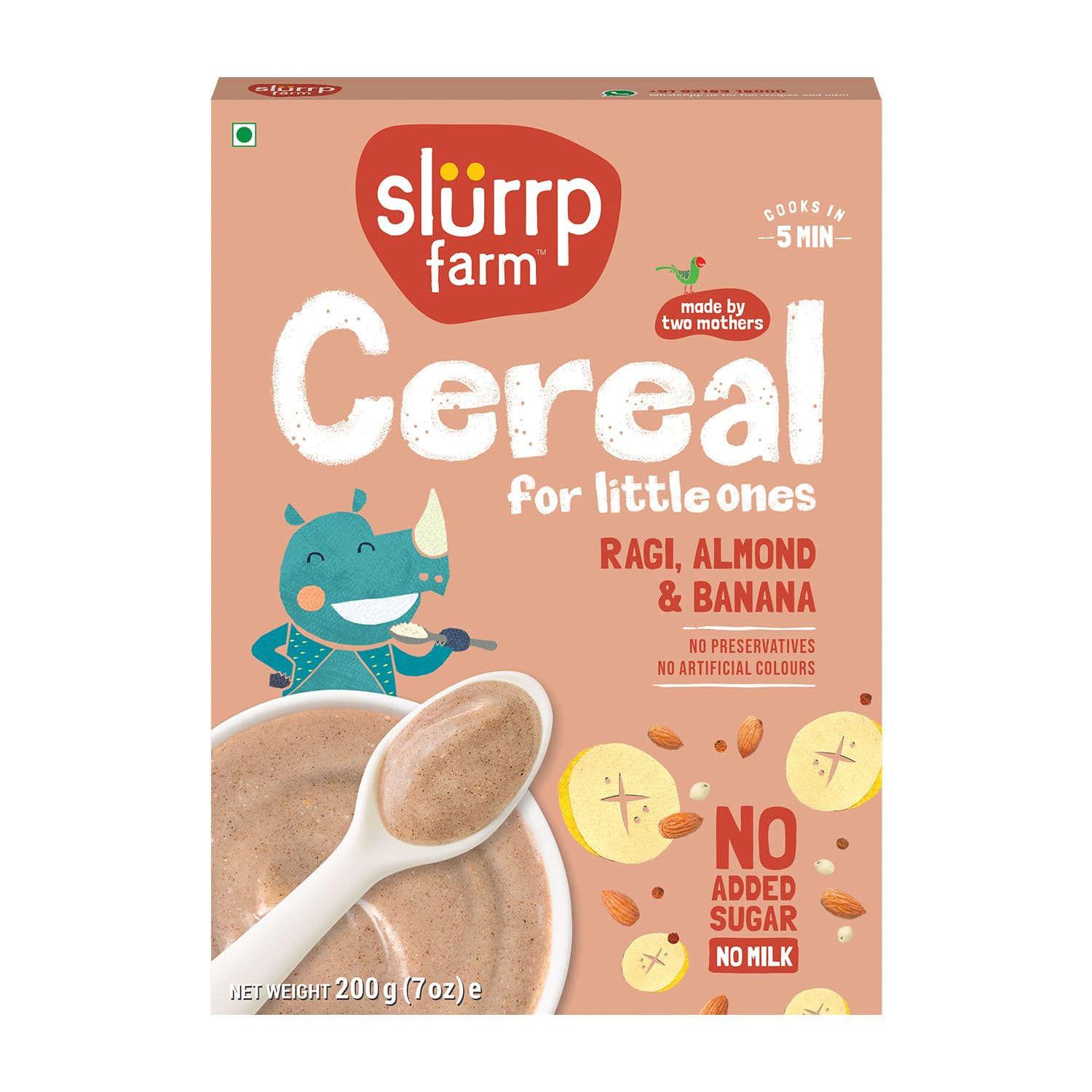 Slurrp Farm No Sugar, No Salt Ragi, Almond And Banana Cereal | 100% Sprouted Ragi | Healthy Cereal | No Milk | No Preservatives,