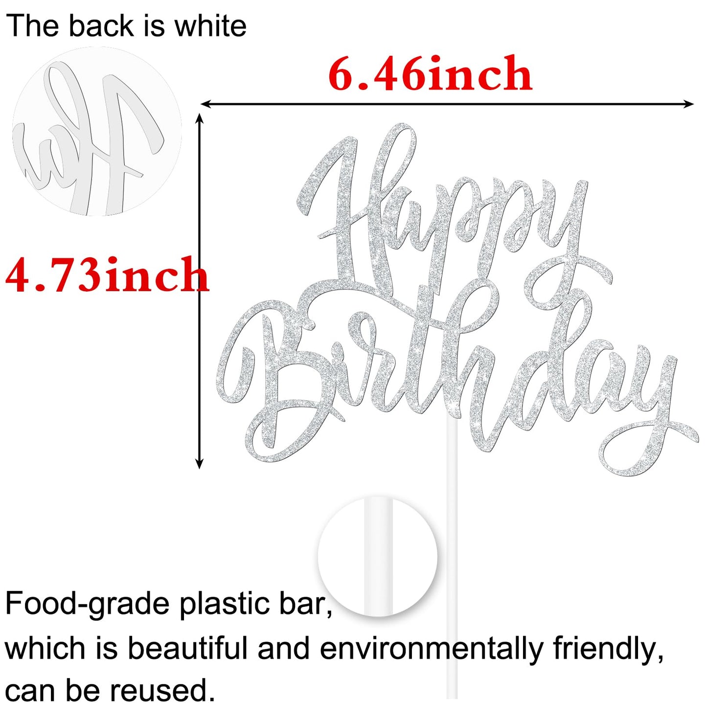 Notbadsys Happy Birthday Cake Decorations, Gold Double-Sided Glitter Letters, Birthday Party Supplies, Cake Topper Decorations (Silver)