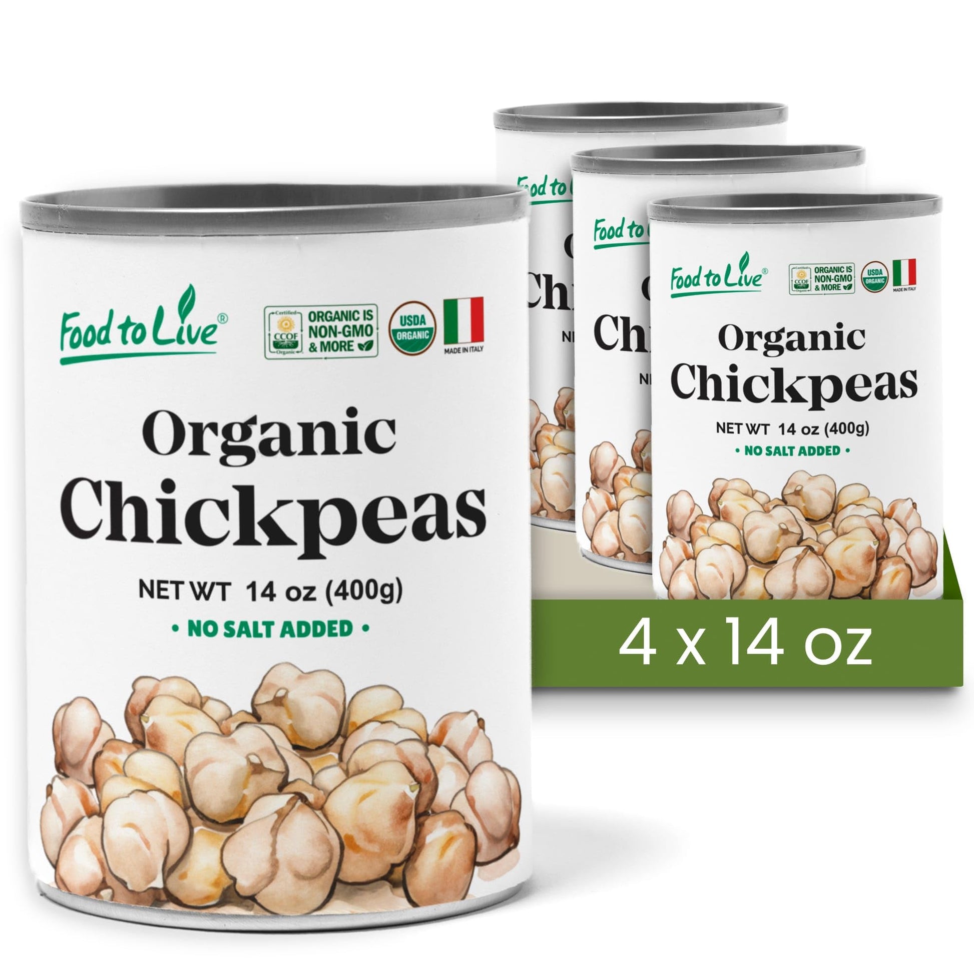 Food to Live Organic Canned Chickpeas, 14 oz (Pack of 4) - Unsalted Non-GMO Garbanzo Beans. Vegan. Good Source of Fiber and Prot