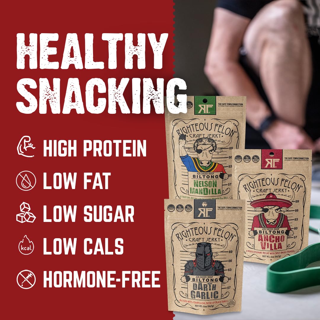 Righteous Felon Biltong Beef Jerky Variety Pack | South African Biltong Snack Packs For Mature-Themeds | High Protein, Keto-Friendly, Low Sugar | Made With Enhanced Meats | Beef Jerky Gifts For Men | 6 Pack