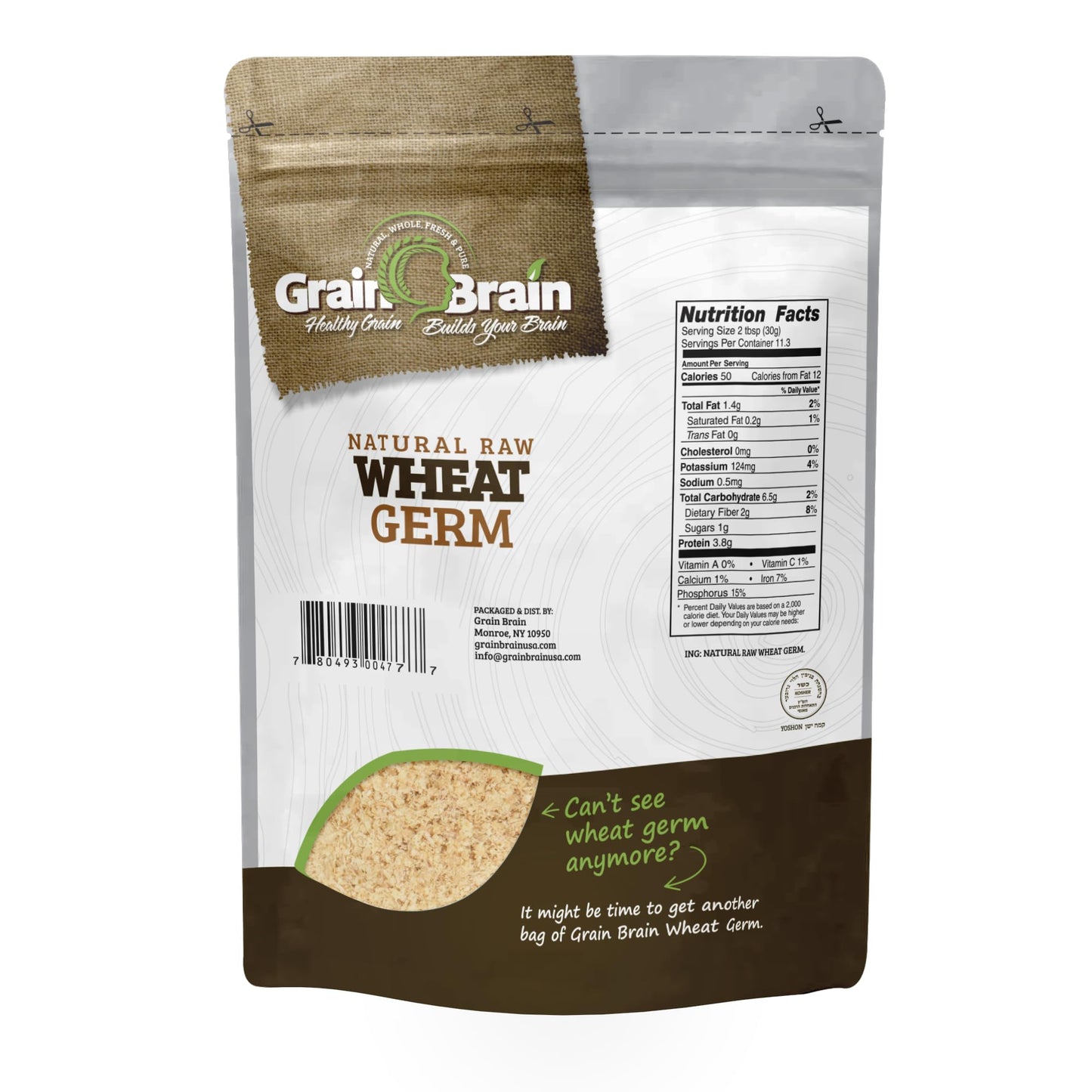 Grain Brain Wheat Germ, Raw and All Natural, 12 oz, Resealable Pouch