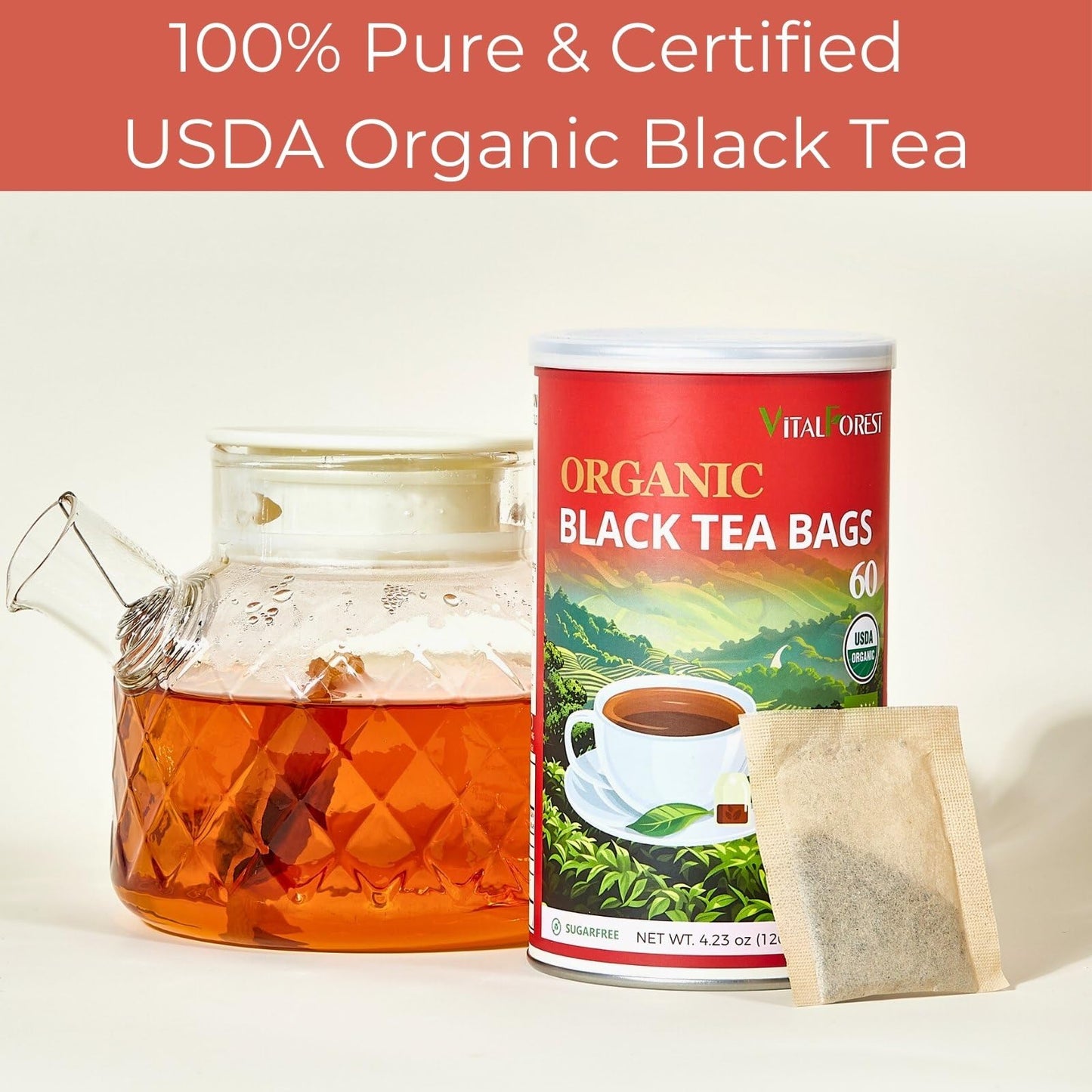 Organic Black Tea Bags| 60 Count Vitalforest Unbleached Eco-Conscious English Breakfast Black Tea Bags| Te Negro Organico Natura