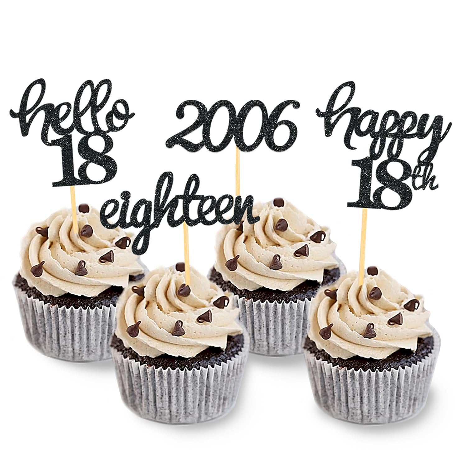 Moitkptt 24 Pcs Glitter Cupcake Toppers for 18th Birthday Party Decorations, Black, Model BIR18, Paper Material