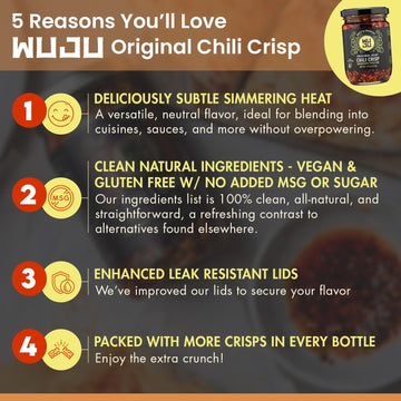 Wuju Classic Chili Crisp - Crunchy Spicy Peppers, Chilies, Garlic Crisps, Sesame Seeds In Szechuan Chili Oil, Ingredient For Recipes, Topping, Hot Sauce, Clean Natural Ingredients - 7.41 Once - 1 Pack