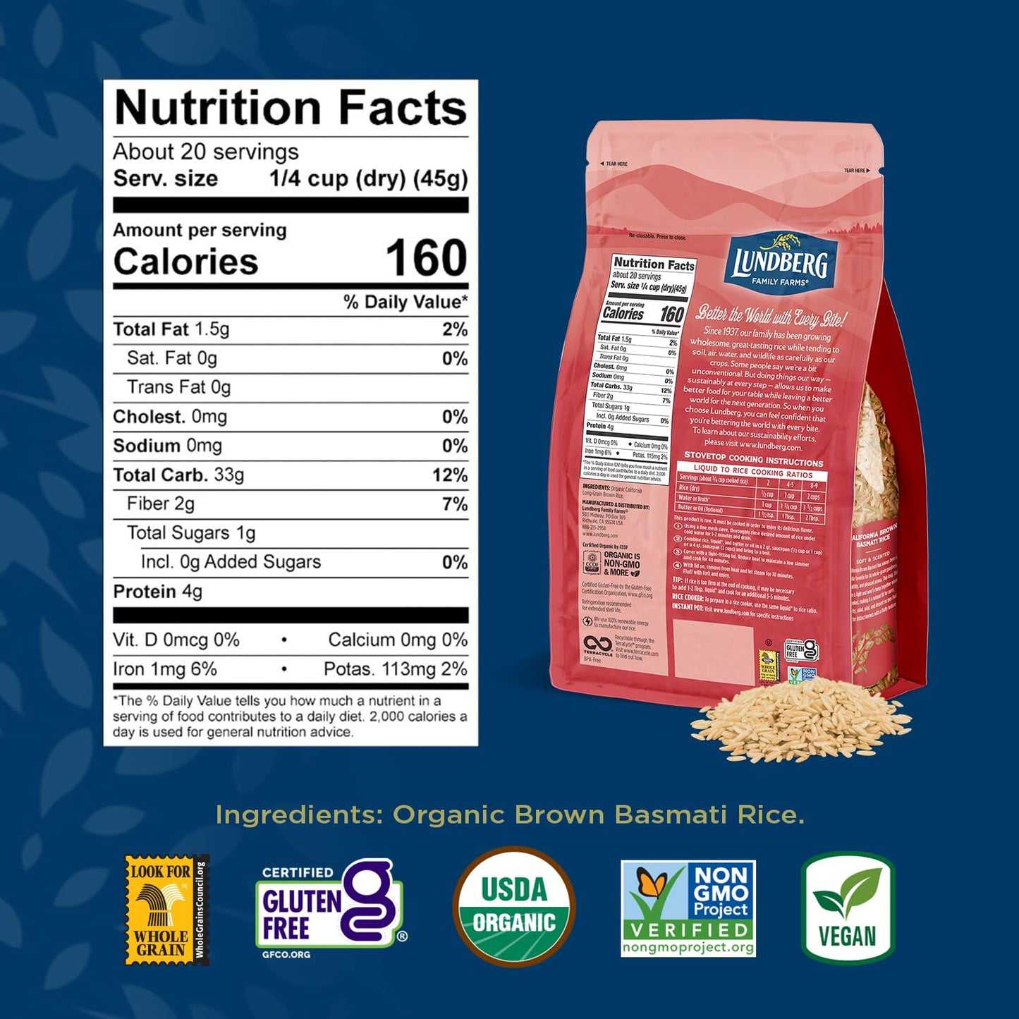 Lundberg Basmati Rice, Organic Long Grain Brown Rice - Non-Sticky, Fluffy Aromatic Rice Grown In California, Pantry Staples, Chip Clip Included, 32 Oz (Pack Of 6)