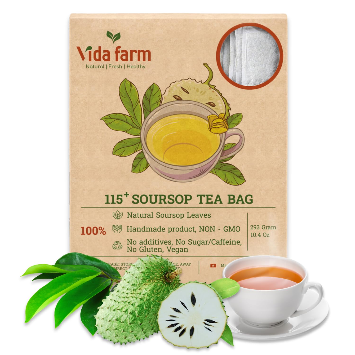VIDA FARM Soursop Tea Bags, 100% Natural Guanabana Leaves, Caffeine Free, 115 Bags, Dark Yellow