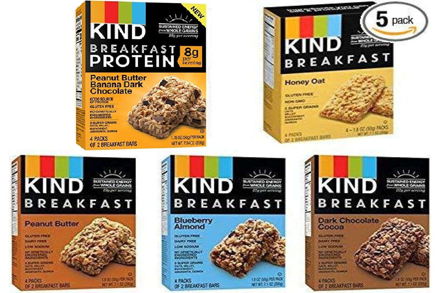 Generic Kind Breakfast Bars Variety Pack - 5 Piece Assortment, Includes Dark Chocolate, Honey Oat, Peanut Butter, Almond Butter