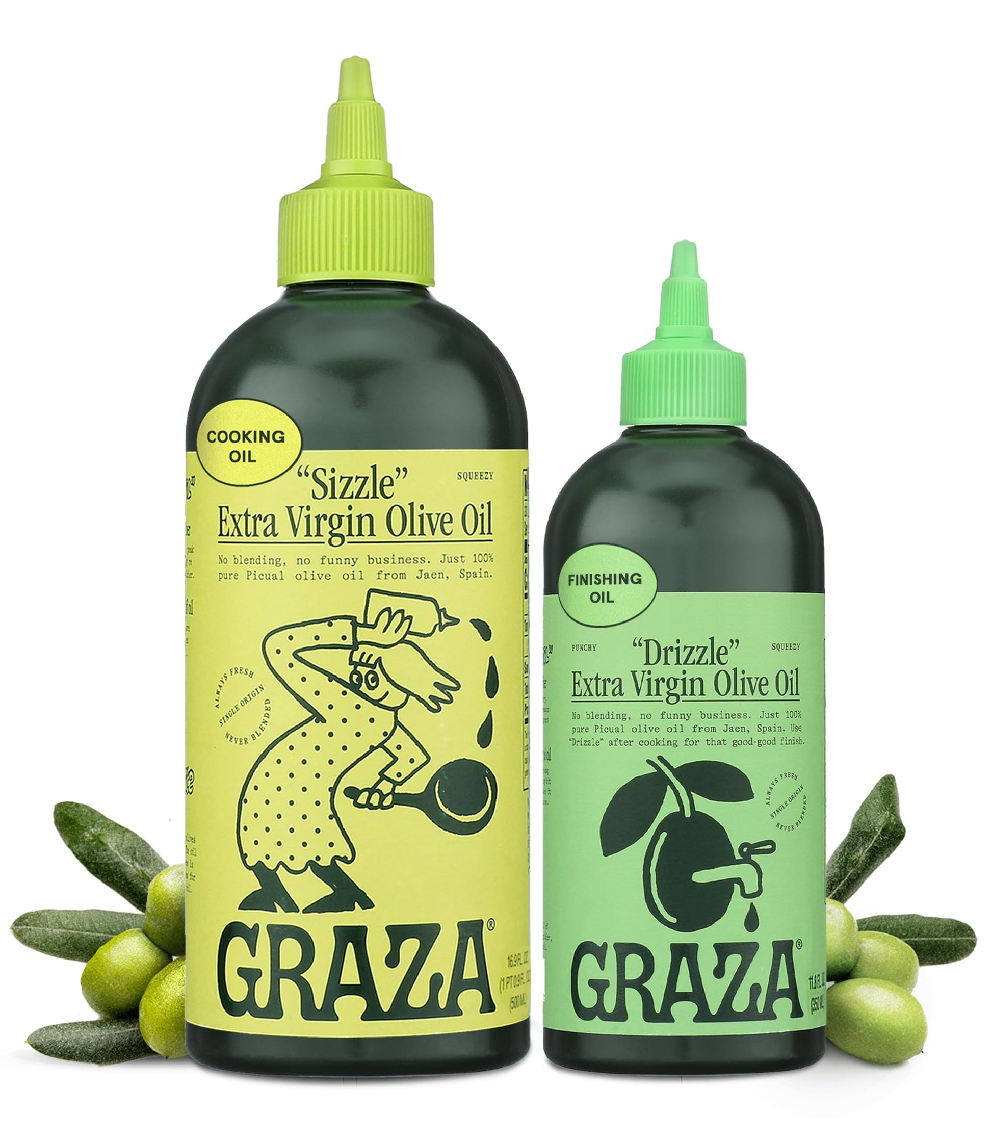 Graza Extra Virgin Olive Oil Variety Pack, High Polyphenol EVOO, 850 ML, Squeeze Bottle, Single Farm Olives from Spain