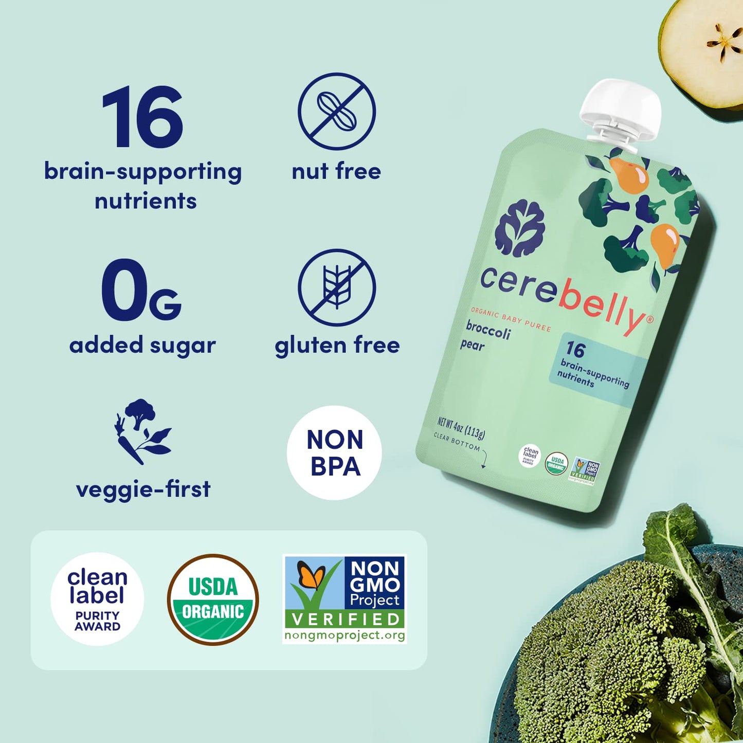 Cerebelly Organic Baby Food Pouches, Broccoli Pear Purees, 16 Nutrients, No Added Sugar, Fiber & Non-Gmo, 4Oz, 6 Pack