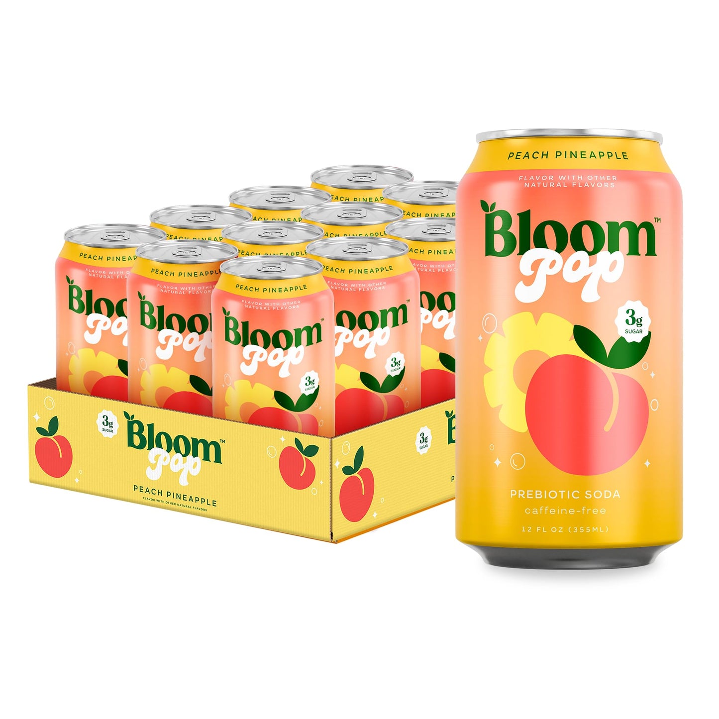 Bloom Pop Prebiotic Soda 12 Pack  Peach Pineapple  12Oz Cans | Prebiotic Soda For Gut Health  Low Calorie Soda  No Energy Blend  Healthy Soft Drink Alternative