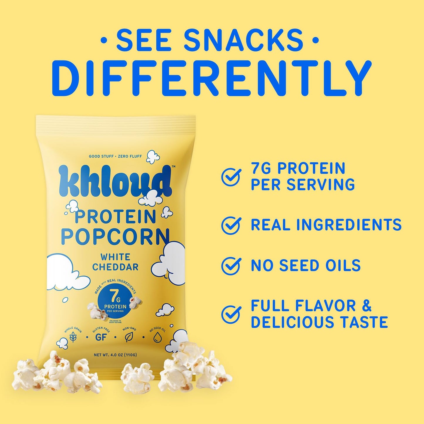 Khloud Protein Popcorn - White Cheddar - 7g Protein Snacks for mature-themeds & Kids - Flavored Popcorn Made with Real Ingredients & Milk Protein Isolate - Non-GMO  Gluten-Free  Kosher  4oz - 4PK