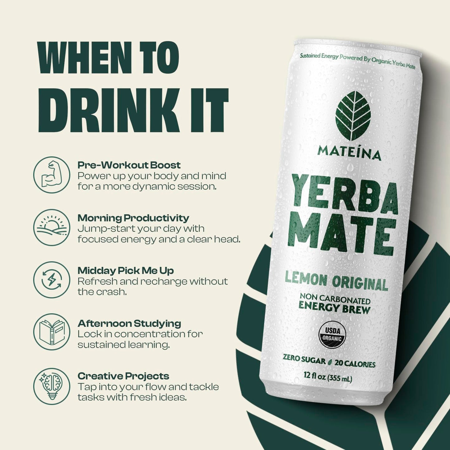 Mateina Yerba Mate Zero Sugar Energy Drink - 120mg Natural Caffeine - Organic  Non-GMO  Non-Carbonated - Dr. Andrew Huberman Recommended - 12 Pack (12oz Cans) (12 Pack  Lemon Original)