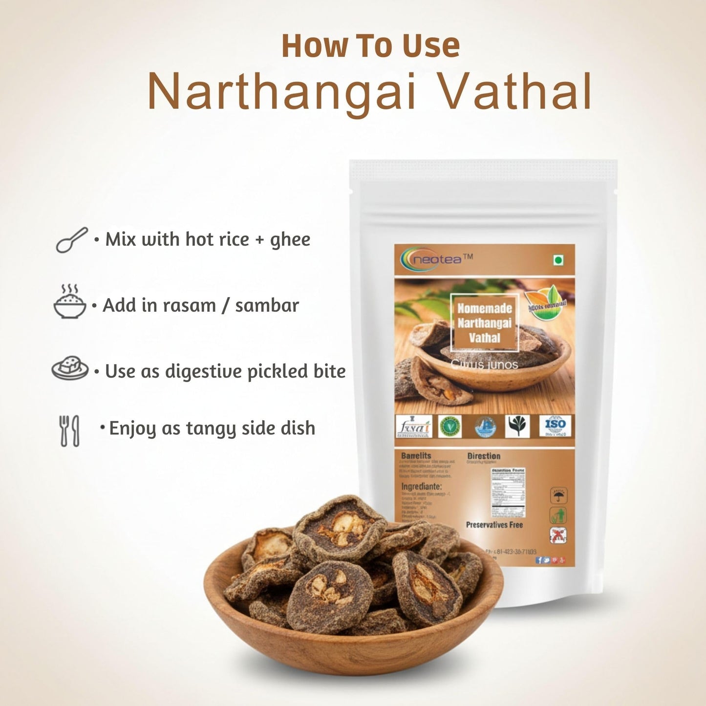 Neotea Homemade Salted Citron Vathal | Narthangai | Sun-Dried Citron | Bitter Orange | South Indian Traditional Vathal 500 Gm (17.63 Oz)