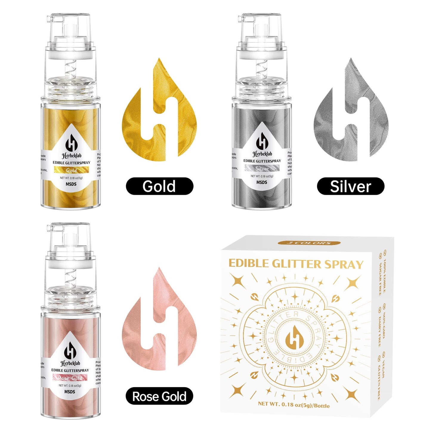 Edible Glitter Spray - 3 Colors Edible Spray Glitter Food Grade Metallic Shimmer Powder Gold Silver Rose Gold Cake Sprinkles For