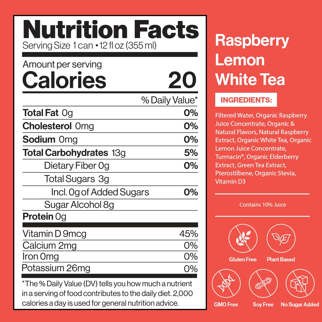 Happy Being Organic Raspberry Lemonade White Tea, Turmeric & Elderberry, 12oz, Caffeine Free, Low Calorie, 16 Pack