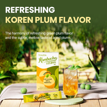 Teazen Korean Plum Kombucha Tea, Electrolyte Powder & Hydration Drink Mix, Sugar Free, Live Probiotics & Prebiotics, 10 Sticks,