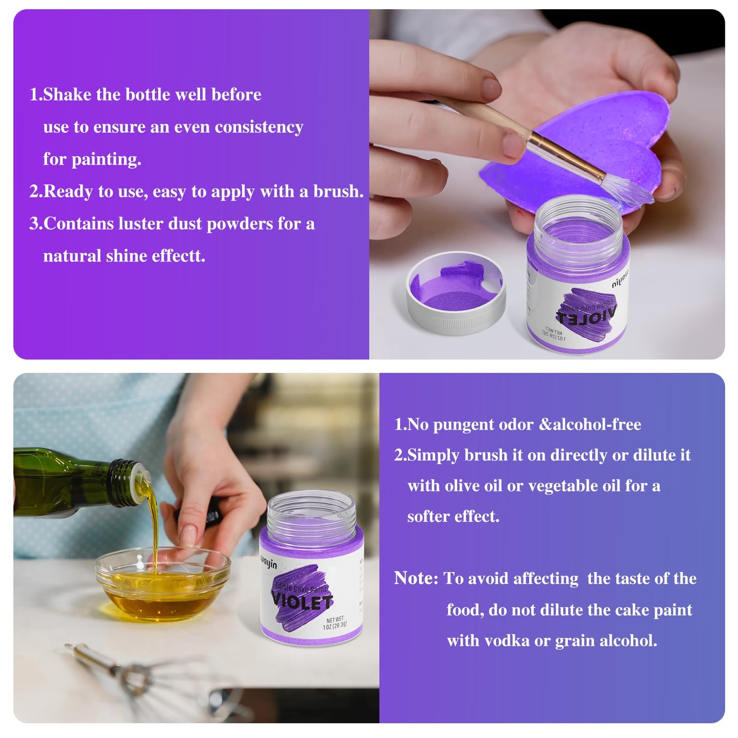 Purple Edible Art Decorative Paint -Vibrant Color Food Coloring Upgraded Edible Glitter Decorative Cake Paint For Baking, Cupcak