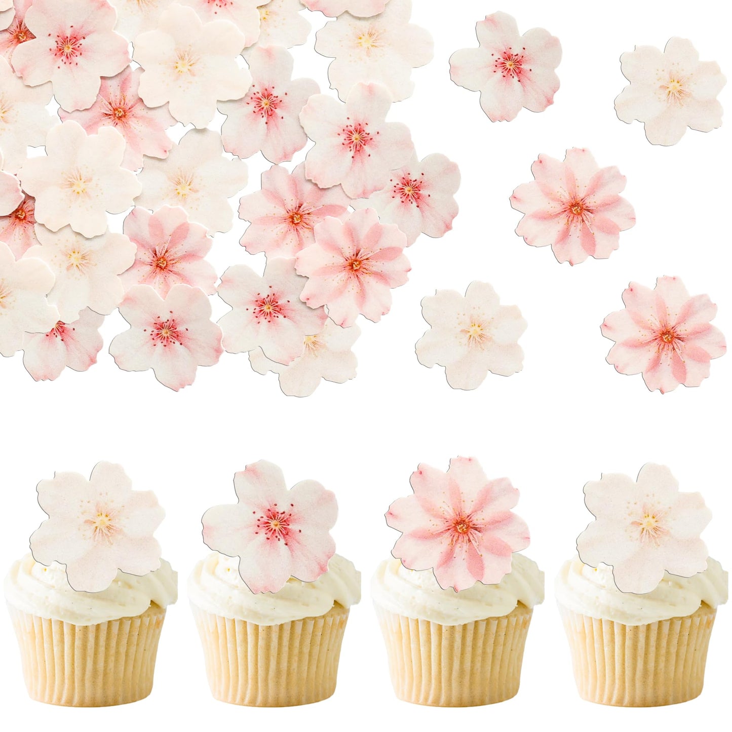 Ephlyn 54Pcs Edible Cherry Blossom Cake Decoration Spring Flowers Cupcake Toppers Wafer Paper Flowers Cake Decoration Wedding Bi
