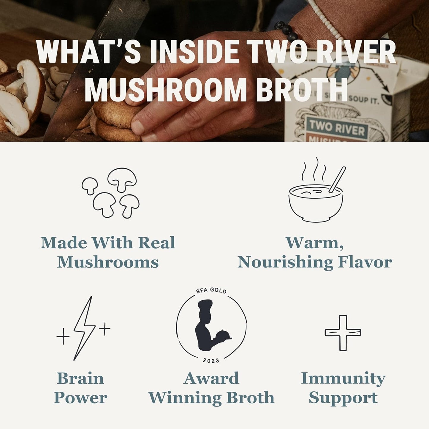 Two River Lions Mane Mushroom Broth made with organic Lions Mane and Shiitake Mushrooms, vegan plus adaptogens, perfect for si