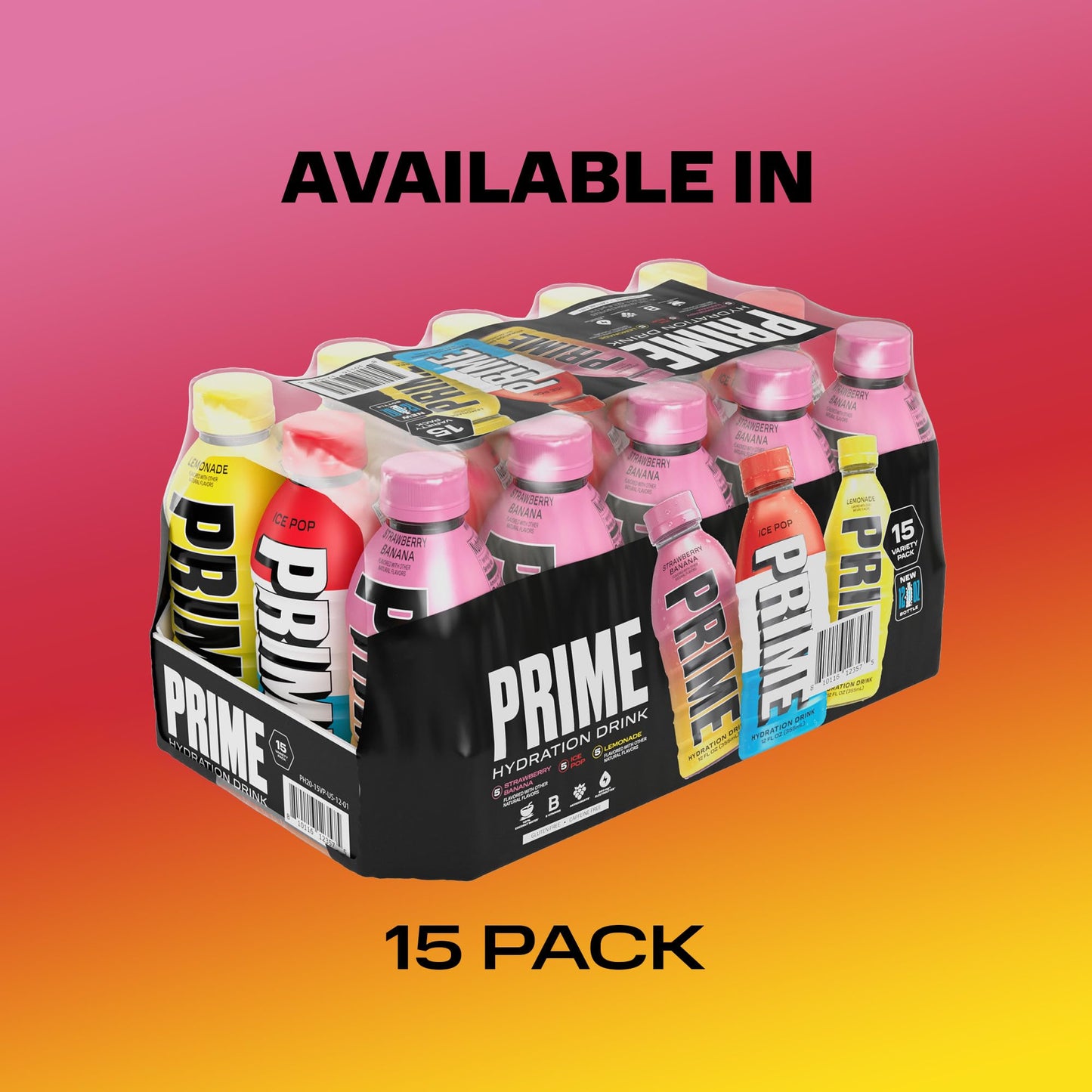 PRIME HYDRATION Variety - ICE POP  Strawberry Banana  Lemonade  Sports Drinks  Electrolyte Enhanced for Ultimate Hydration  250mg BCAAs  B Vitamins  Antioxidants  Low Sugar  12 Fl Oz  15 Pack