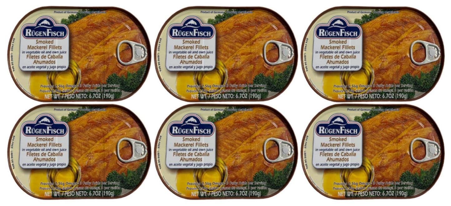 Rügen Fisch Herring & Mackerel Fillets in Assorted Sauces, 6.7 oz Pack of 6, Smoked Mackerel in Vegetable Oil