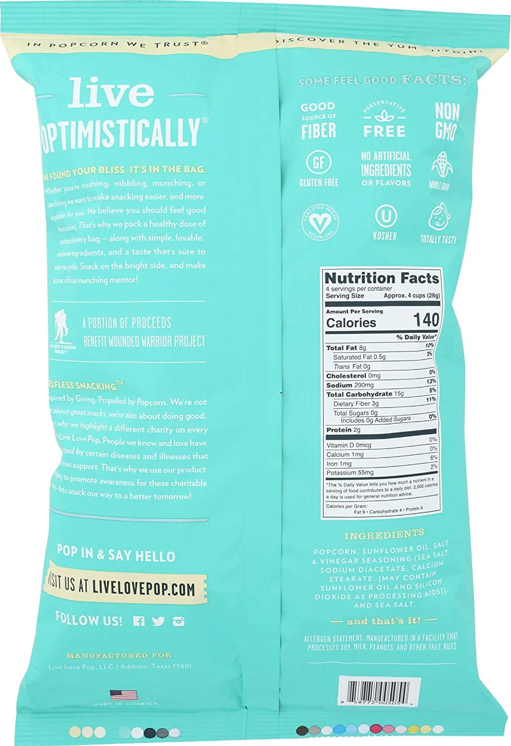 Live Love Pop, Popcorn Salt And Vinegar, 4.4 Oz (Three Pack)