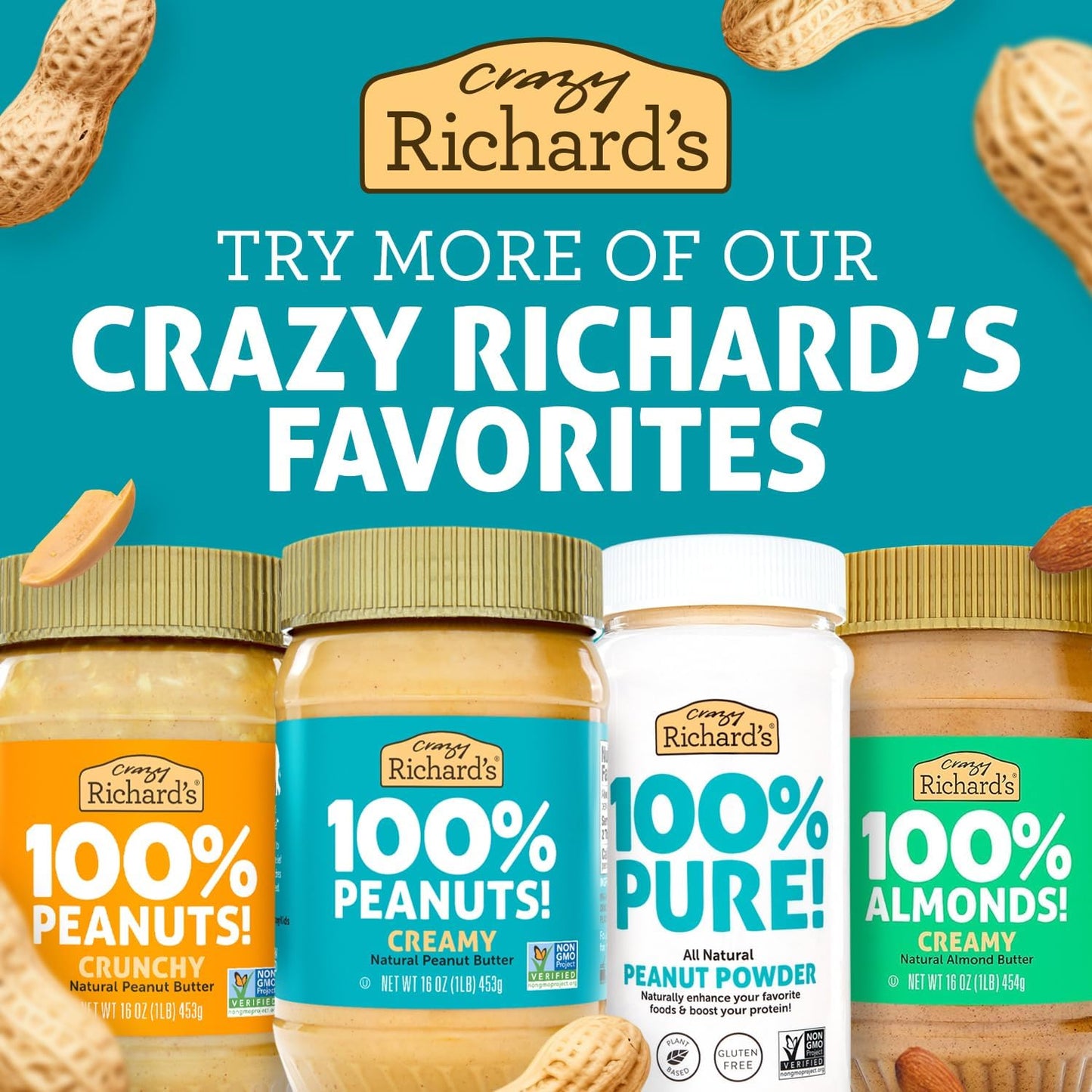 Crazy Richards 100% All-Natural Vegan Creamy Peanut Butter with No Added Sugar and Non-GMO Variety Pack (Original 100% Peanuts