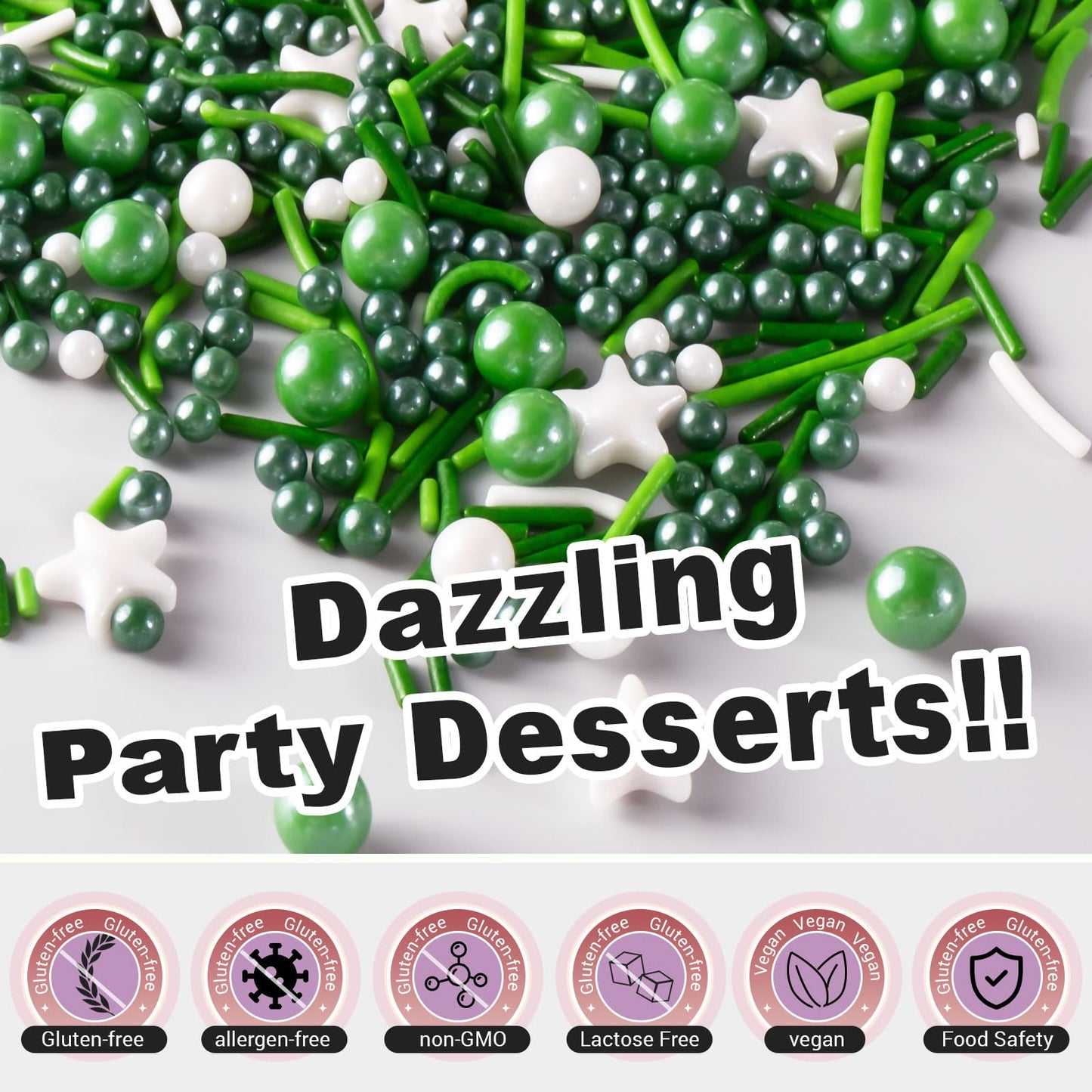 HUEBEATY 6-in-1 Edible Green Sprinkles for Cake & Cupcakes Decorating - Jimmies & Sugar Pearls - St. Patricks Day, Spring, Dinos