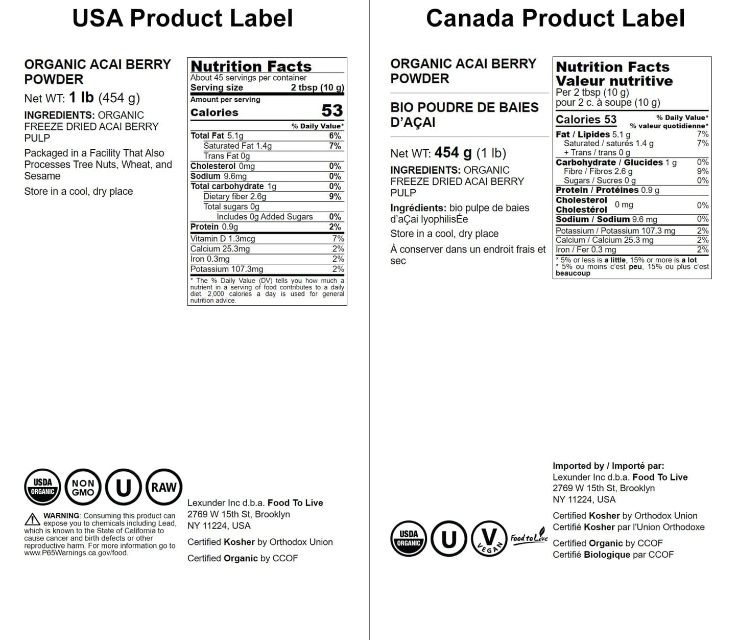 Food to Live Organic Acai Berry Powder - Non-GMO, Vegan, 1 Pound, Freeze-Dried, Unsweetened, Unsulfured