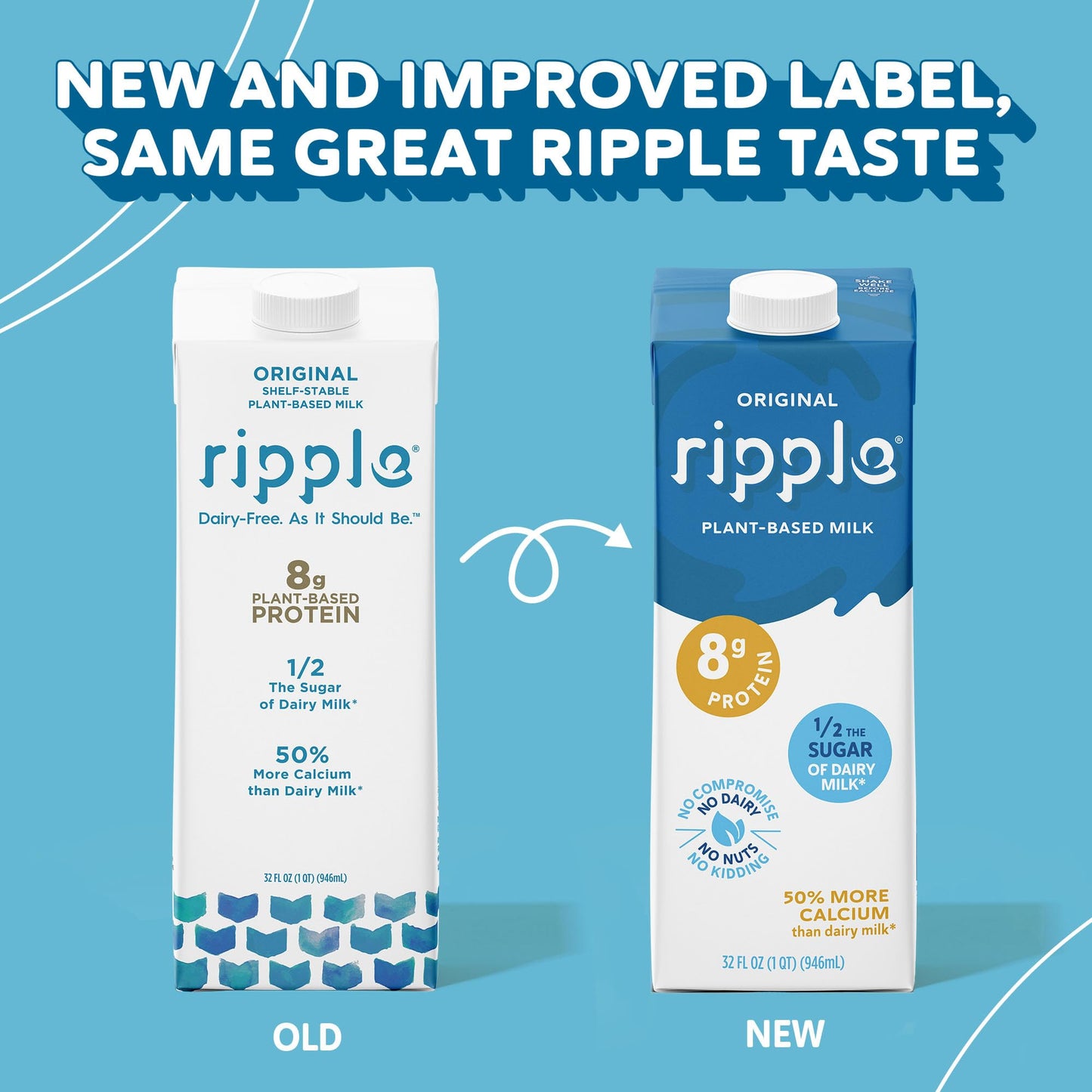 Ripple Original Plant Based Milk | 8g of Quality Sourced Pea Protein, Calcium Rich | Shelf Stable | Vegan & Non GMO Certified |