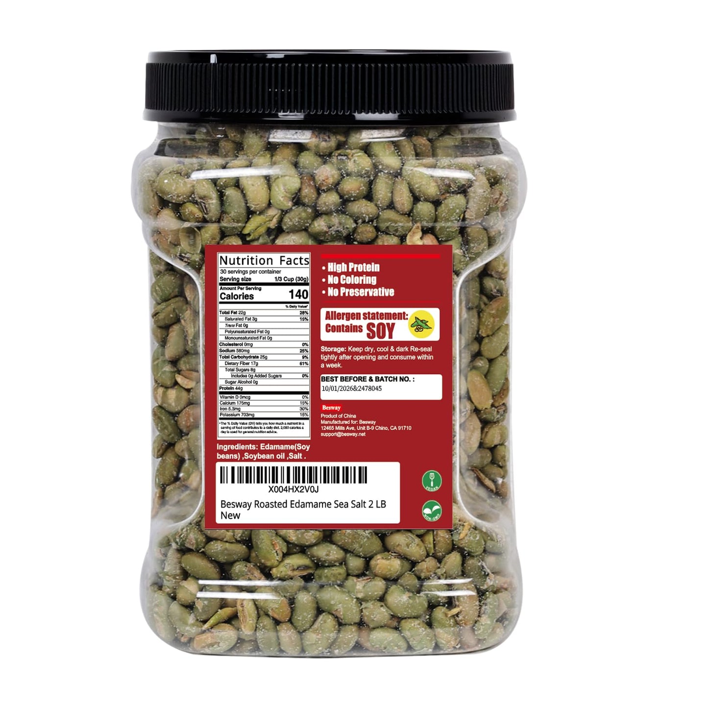Besway Sea Salt Dry Roasted Edamame 2 Lb, High Protein Crunchy Snack, Non-Gmo, Vegan, Gluten-Free, Transparent Plastic Jar 906 G
