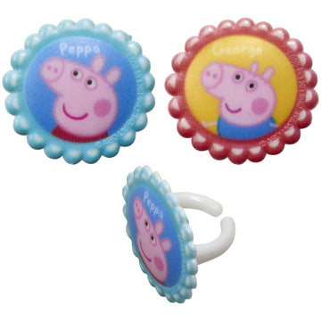 Decopac Peppa Pig Siblings Rings, Cupcake Decorations Featuring Peppa And George, Blue And Yellow 3D Food Safe Cake Toppers - 24