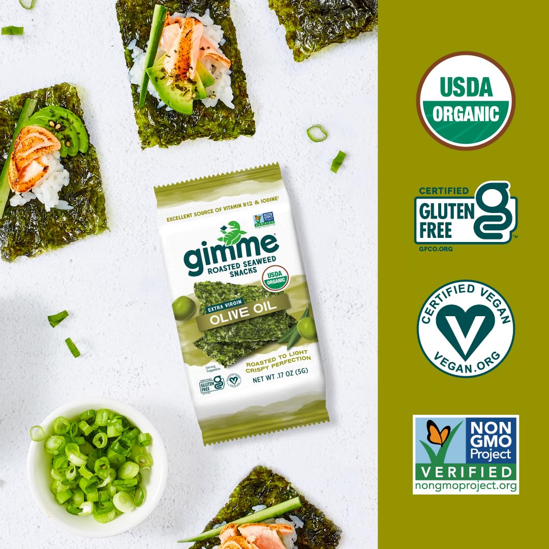 gimMe Organic Roasted Sea  Sheets - Extra Virgin Olive Oil - 6 Count - Keto, Vegan, Gluten Free Snack