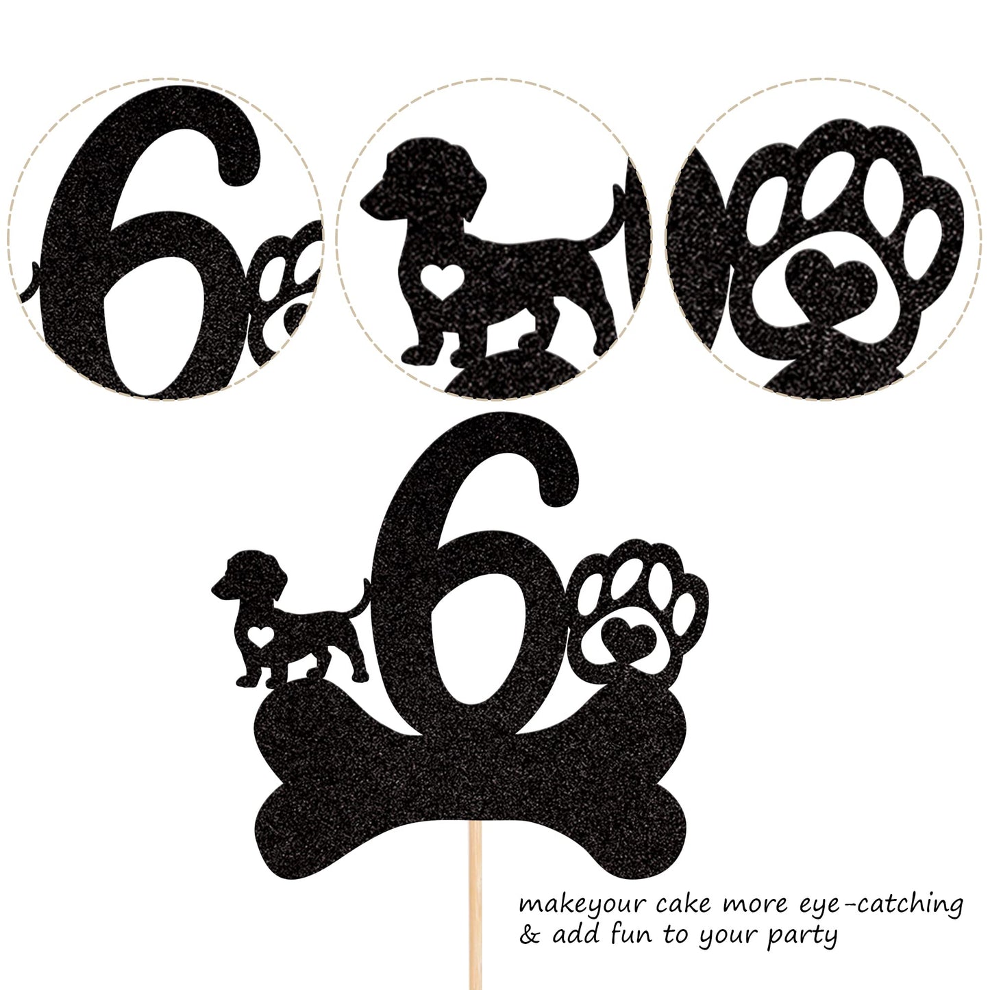 1 Pcs 6Th Birthday Cake Topper Black Glitter Dog Paw Six Years Old Birthday Puppy Dog Bone Cake Pick For Let'S Pawty Baby Shower