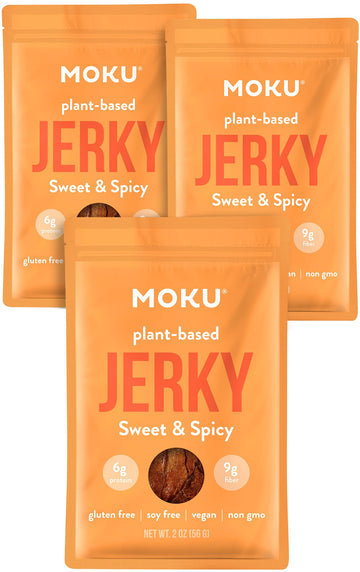 Moku Plant-Based Mushroom Jerky, Sweet and Spicy Flavor (3 Pack) Vegan Beef Jerky, Gluten Free, Soy-Free, Non-Gmo Vegan Snacks, 